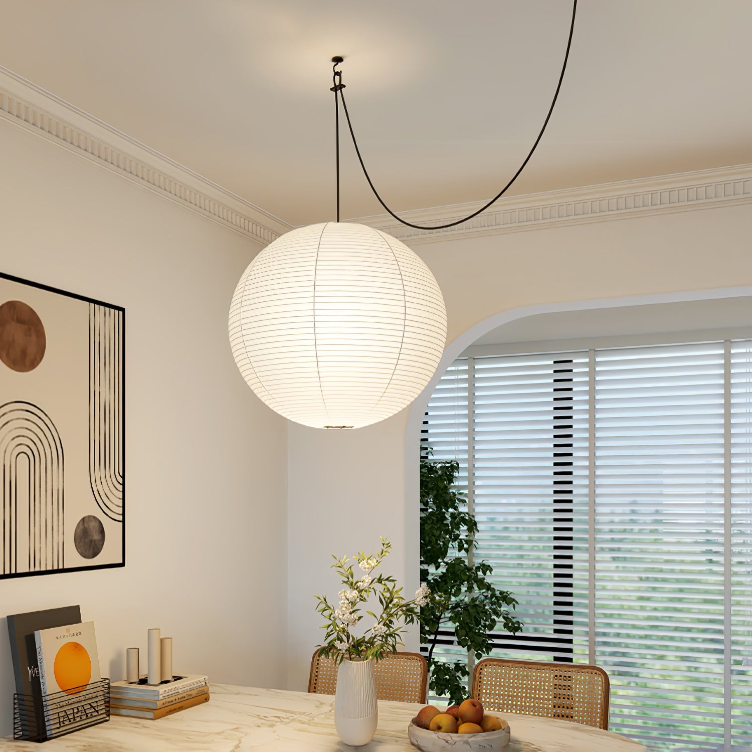 Mid-Century Round Swag Light - Handcraft Paper Lamp for Bedroom