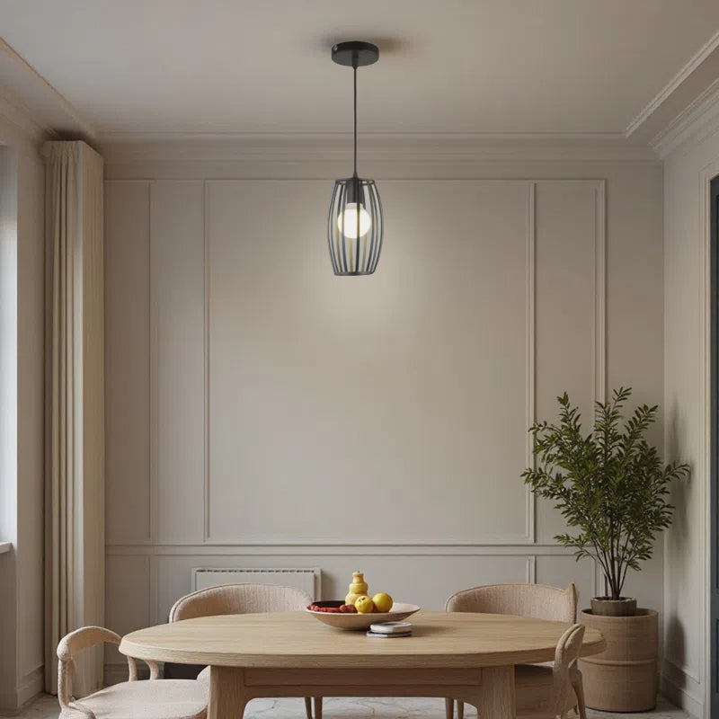 Striped Iron Drum Industrial Black Pendant Light