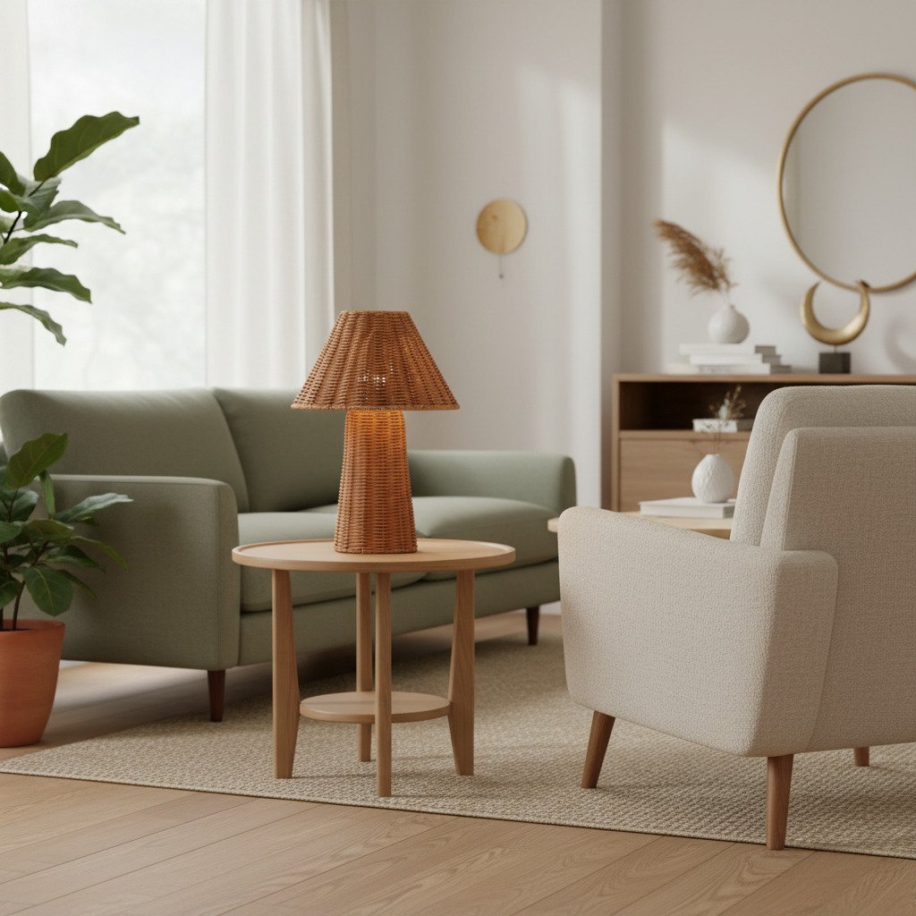 Wickara Sculptural Rattan Mini Table Lamp - Natural Woven Finish Suitable for Side Tables & Entryways
