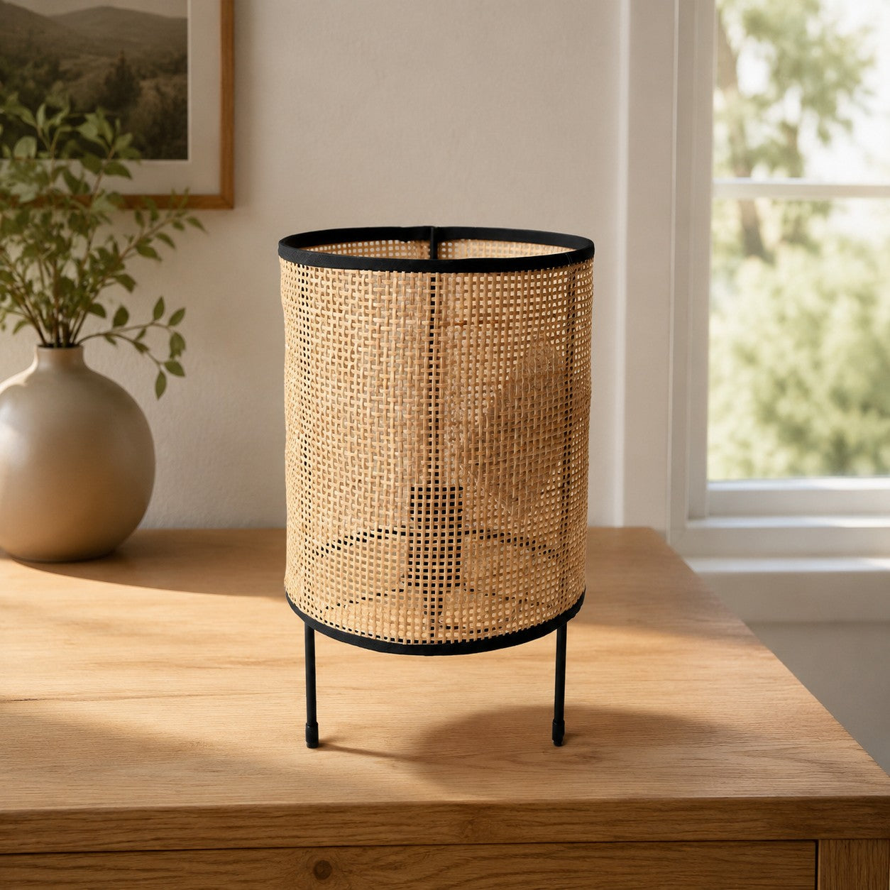 open weave natural rattan LED table lamp on wooden table