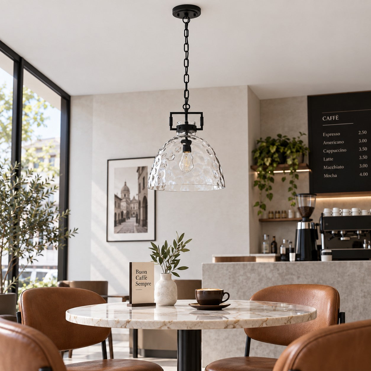 Modern Hammered Glass Pendant Light with Minimalist Metal Design - Suitable for Kitchen Island