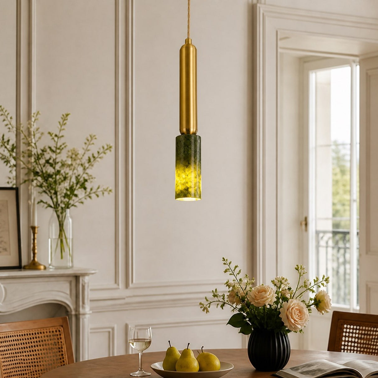 Slim Brass and Green Jade Pendant Light