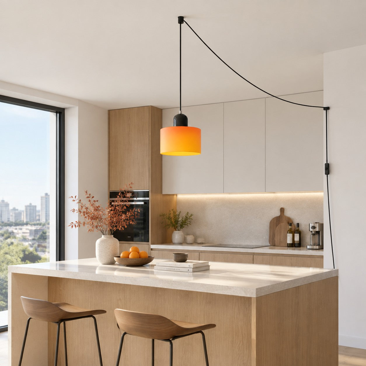 Mid-Century-Makronen-Pendelleuchte mit Stecker und Zugkabel - Bunter Lampenschirm als Hängelampe für die Wohnraumdekoration