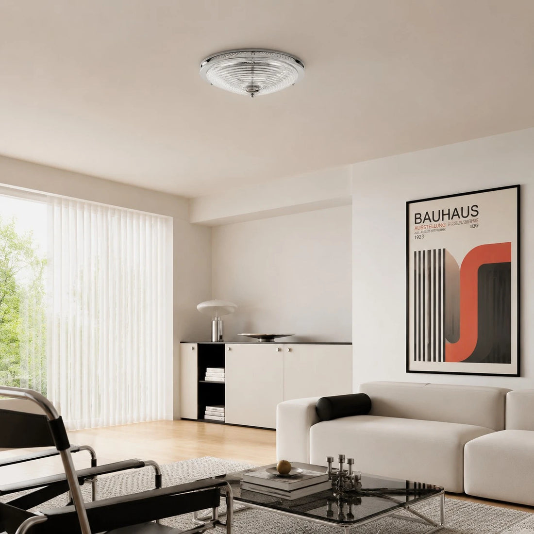 Rippled glass ceiling light installed in a Bauhaus-inspired living room