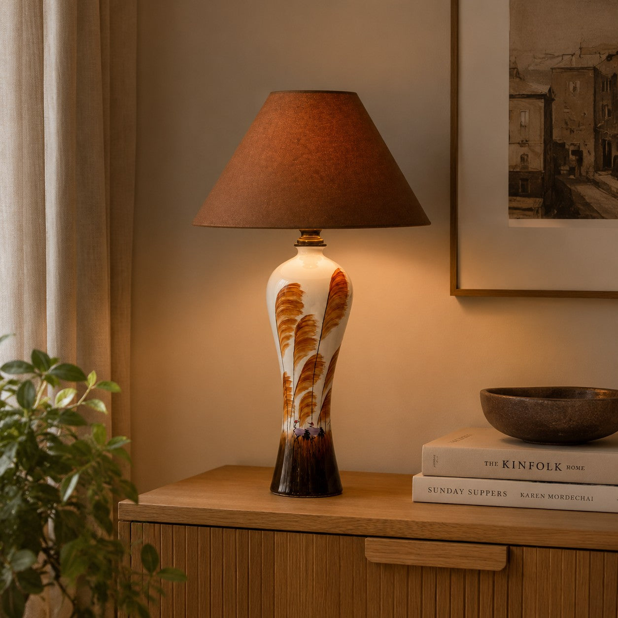 American Style Ceramic Table Lamp with Brown Fabric Shade