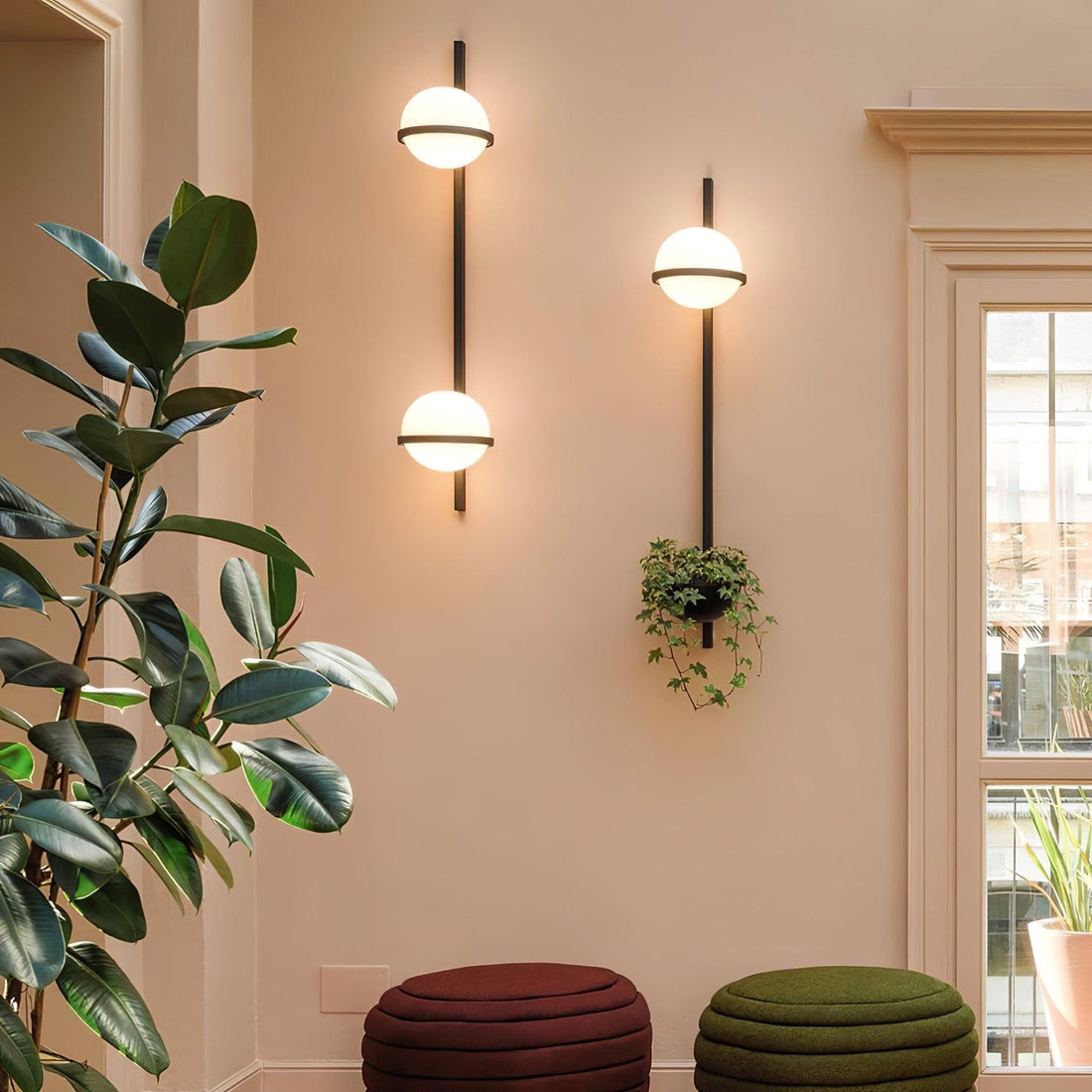 Modern Metal Wall Light - Black Frame Glowing Sphere Lamp for Garden