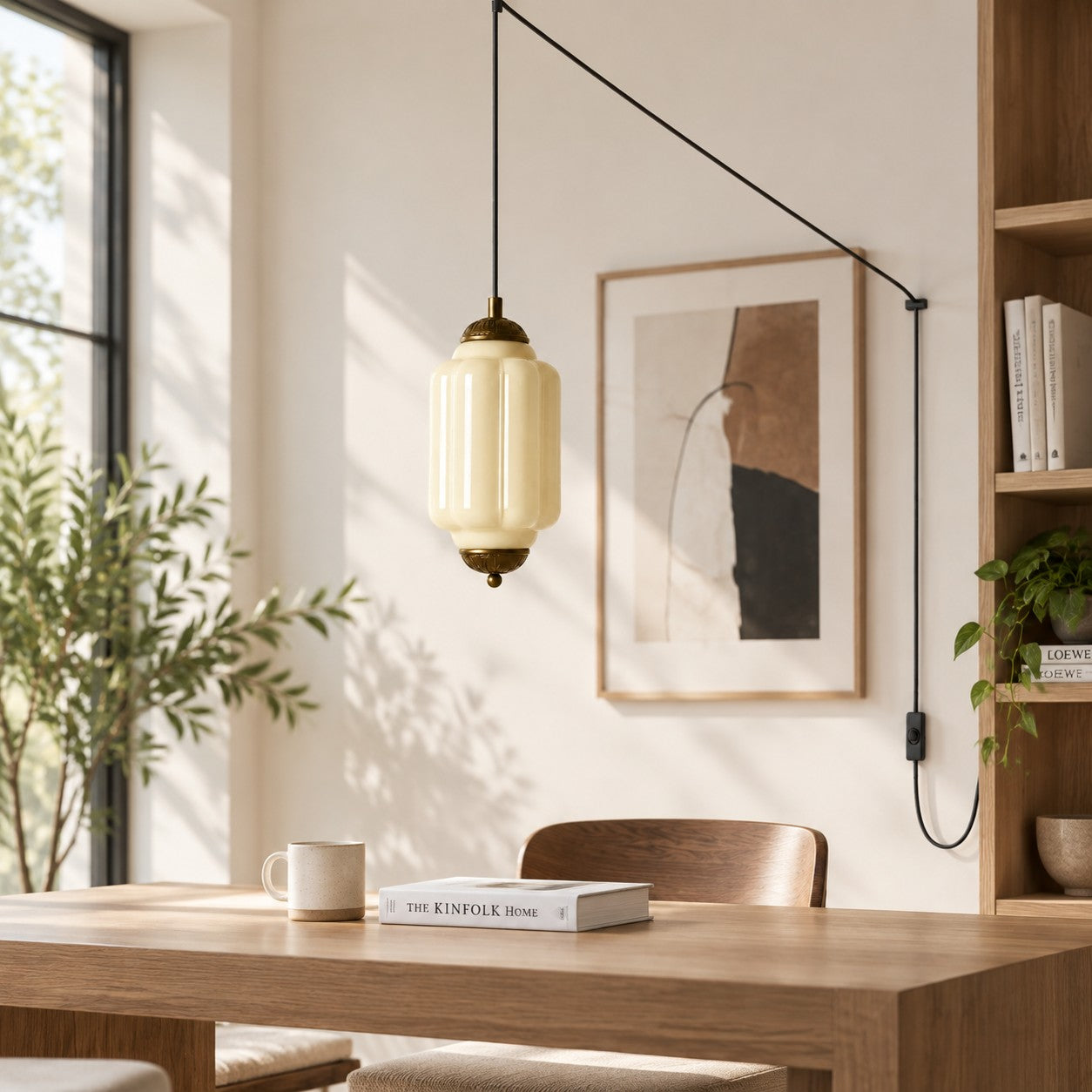 Fluted Glass Antique Brass Plug-In Pendant