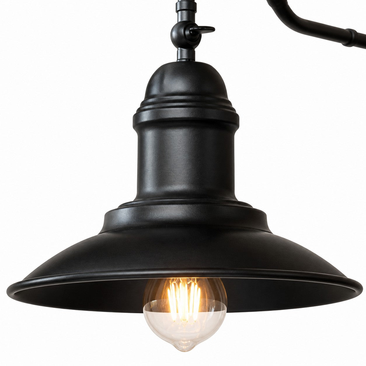Close view of black metal bell shade and E27 socket opening