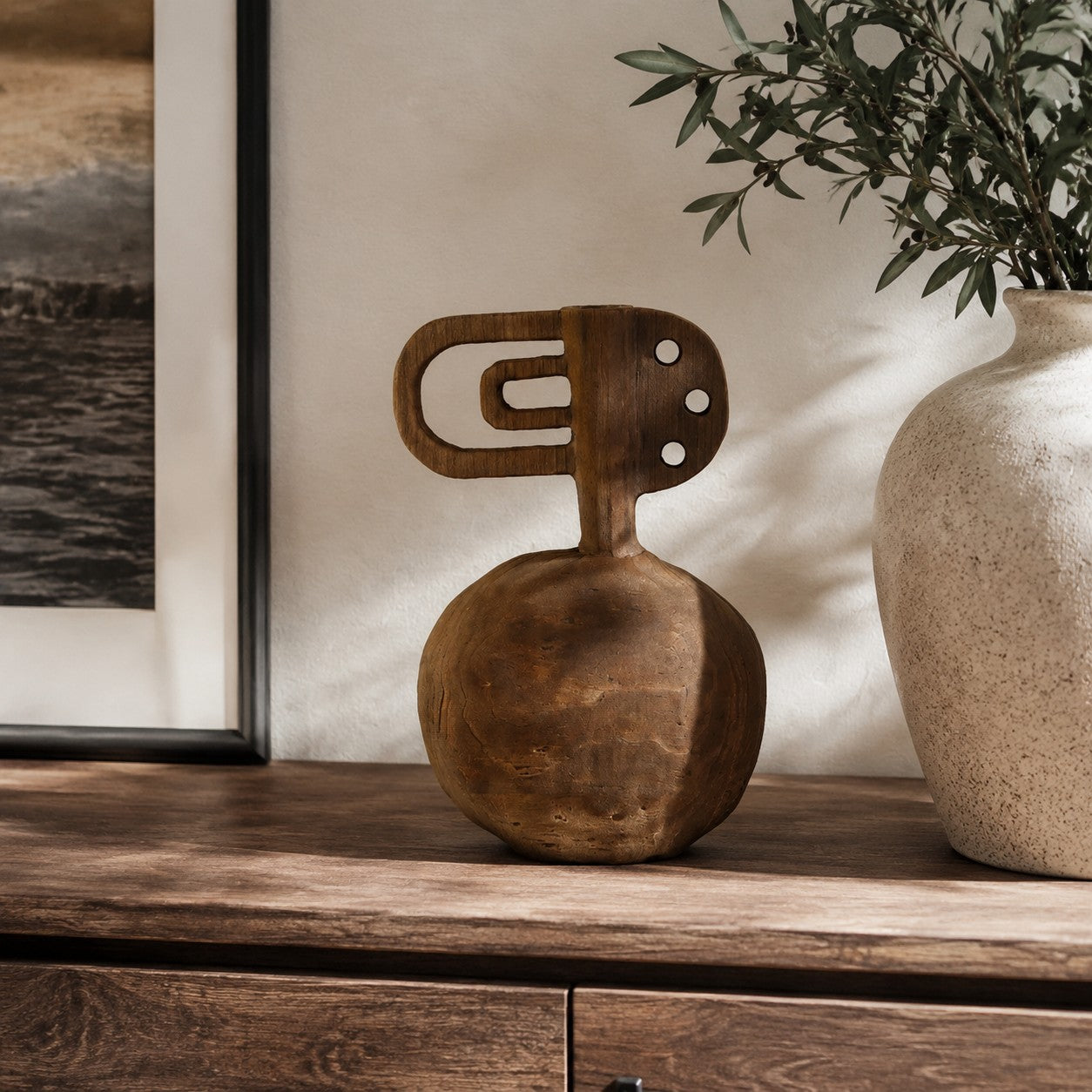Hand-Carved Solid Wood Sculptural Vase