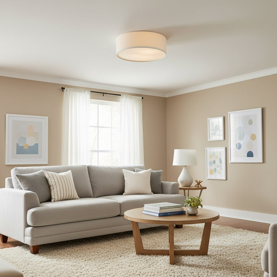 Dumora Linen Drum Ceiling Light - Flush Mount Iron Fixture with Fabric Shade