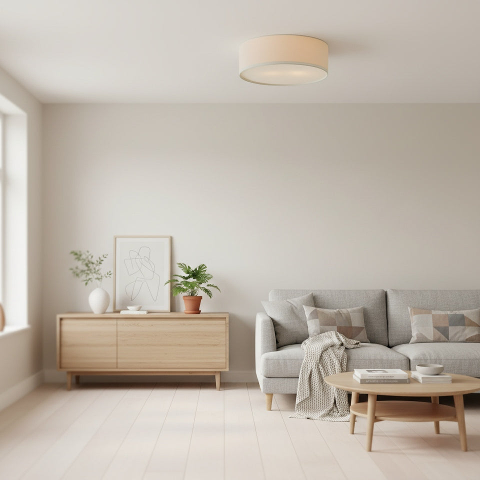 Dumora Linen Drum Ceiling Light - Flush Mount Iron Fixture with Fabric Shade