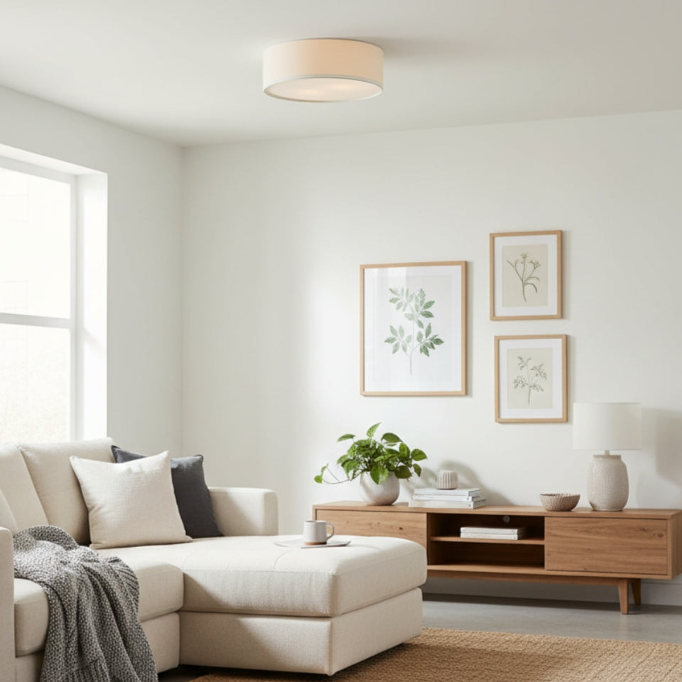 Dumora Linen Drum Ceiling Light - Flush Mount Iron Fixture with Fabric Shade