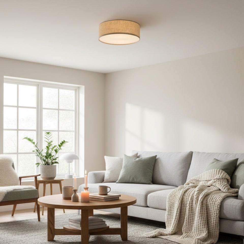 Dumora Linen Drum Ceiling Light - Flush Mount Iron Fixture with Fabric Shade
