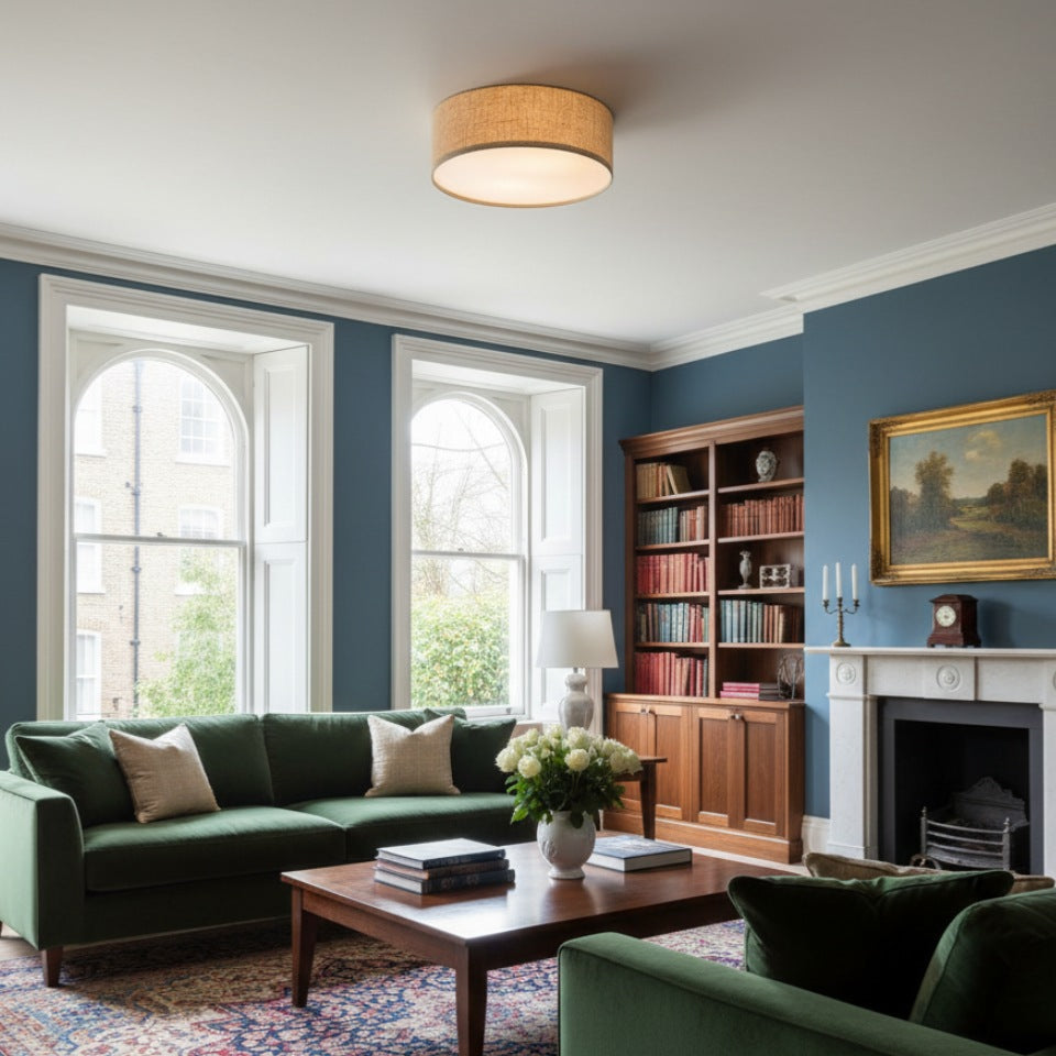 Dumora Linen Drum Ceiling Light - Flush Mount Iron Fixture with Fabric Shade