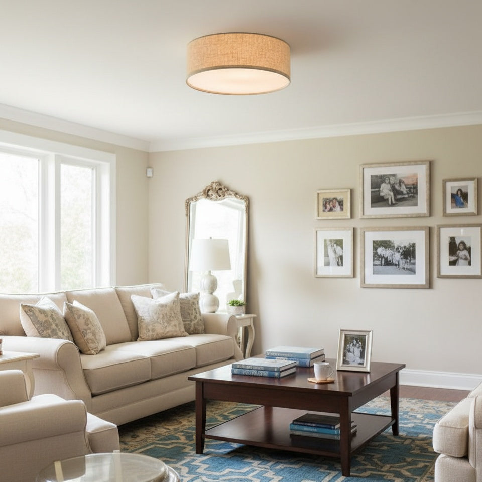 Dumora Linen Drum Ceiling Light - Flush Mount Iron Fixture with Fabric Shade