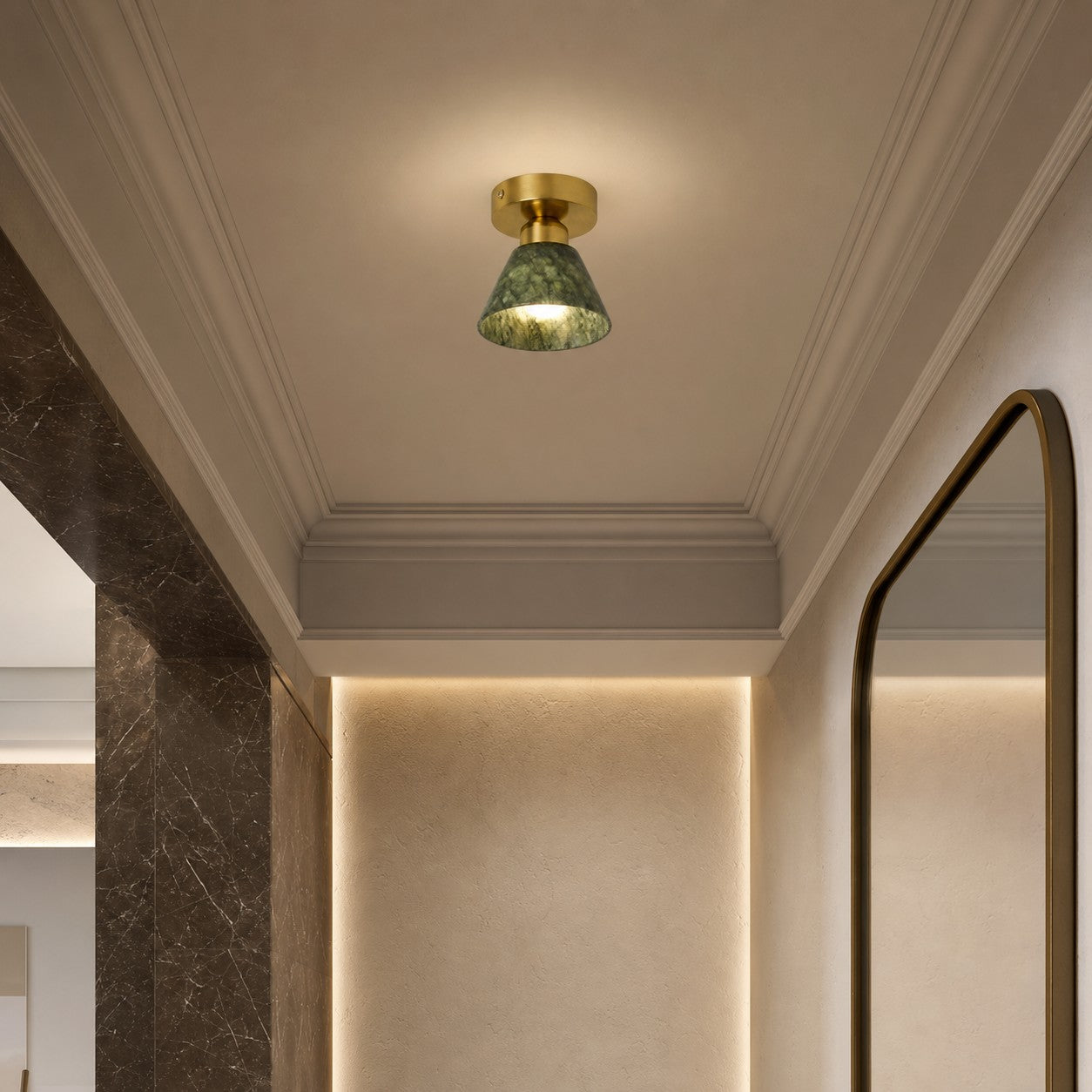 Green Jade and Brushed Brass Flush Mount Ceiling Light