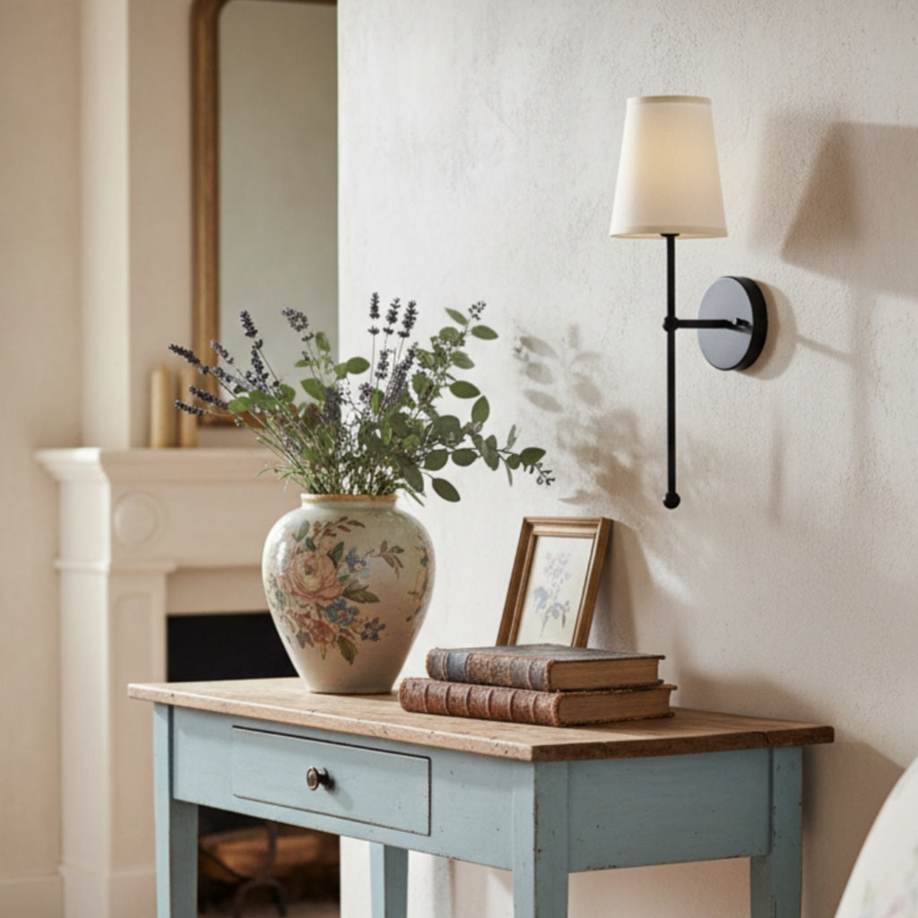 Nordic Brass Fabric Wall Lamp - Rustic Sconce Light for Bedroom Decor