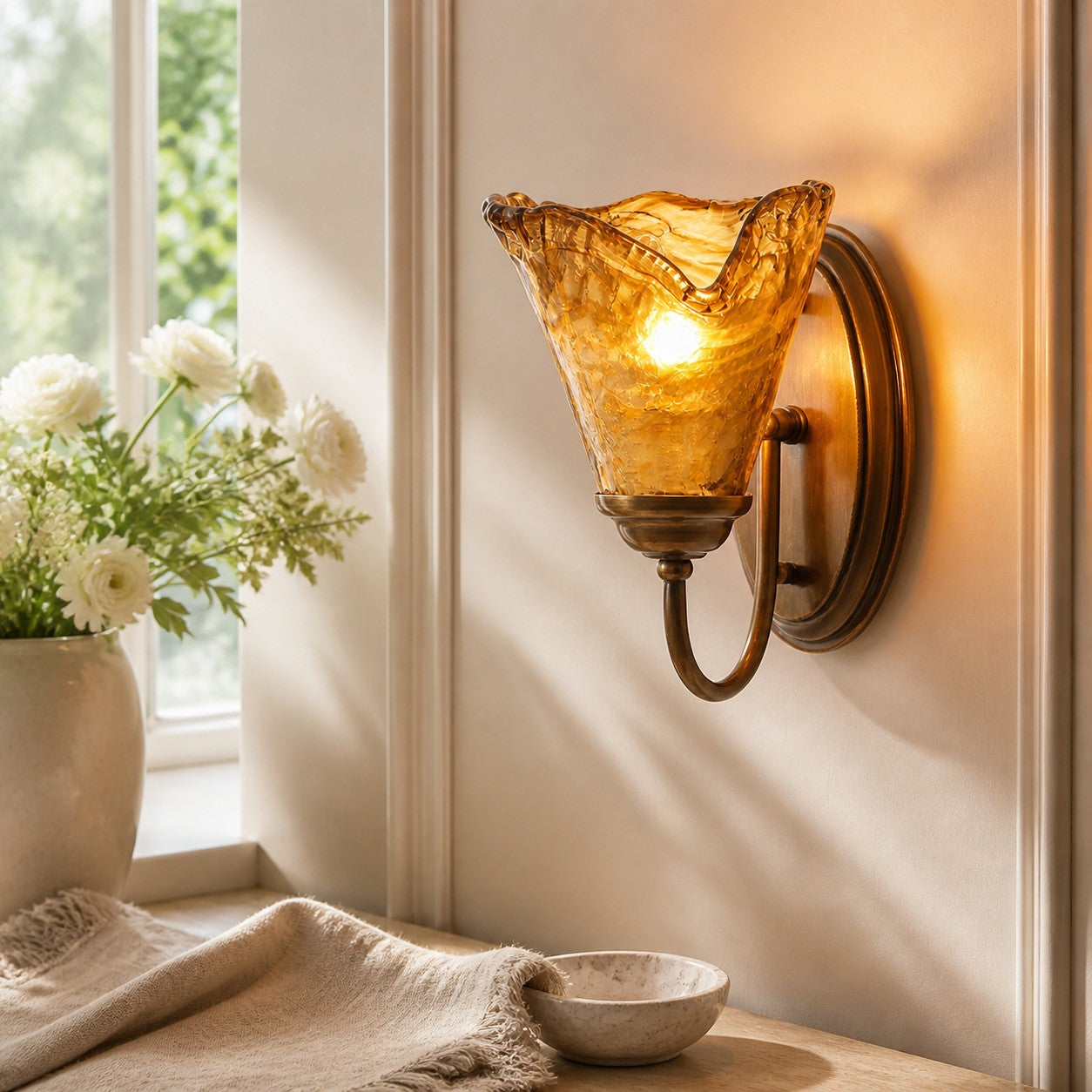 Sculpted Amber Glass and Brass Wall Sconce