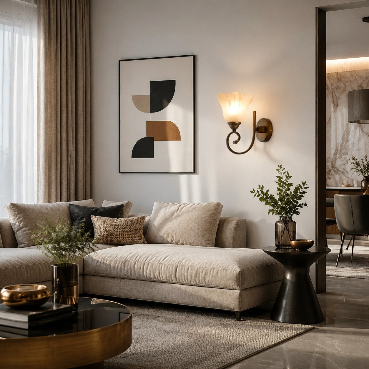 Vintage wall sconce in a modern sofa area