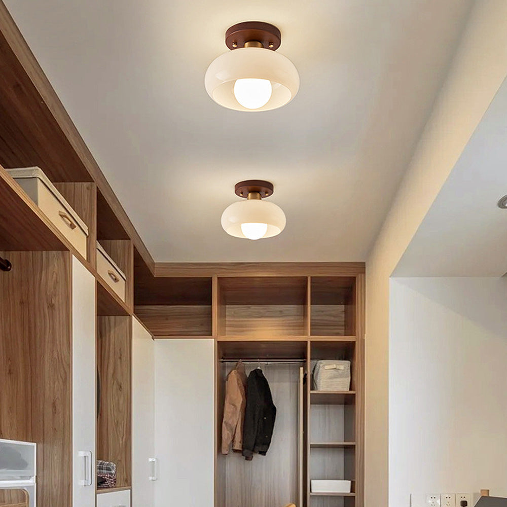 Cream Glass Ceiling Light - Vintage Bauhaus Walnut Lamp for Hallway