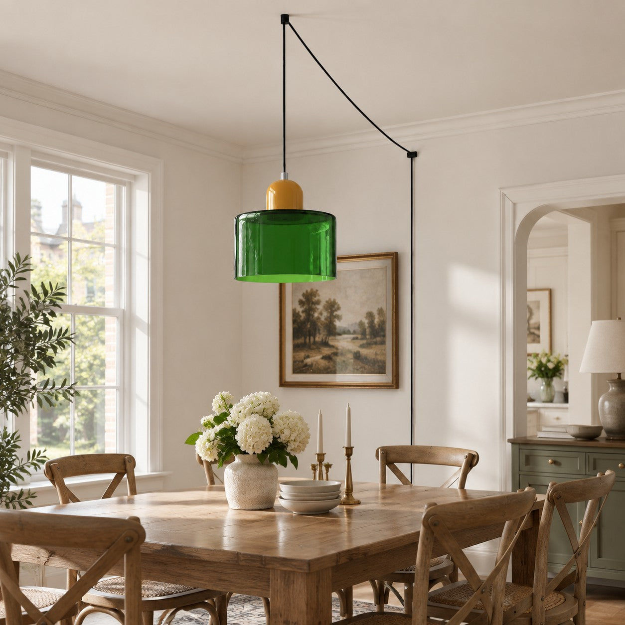Mid-Century-Makronen-Pendelleuchte mit Stecker und Zugkabel - Bunter Lampenschirm als Hängelampe für die Wohnraumdekoration
