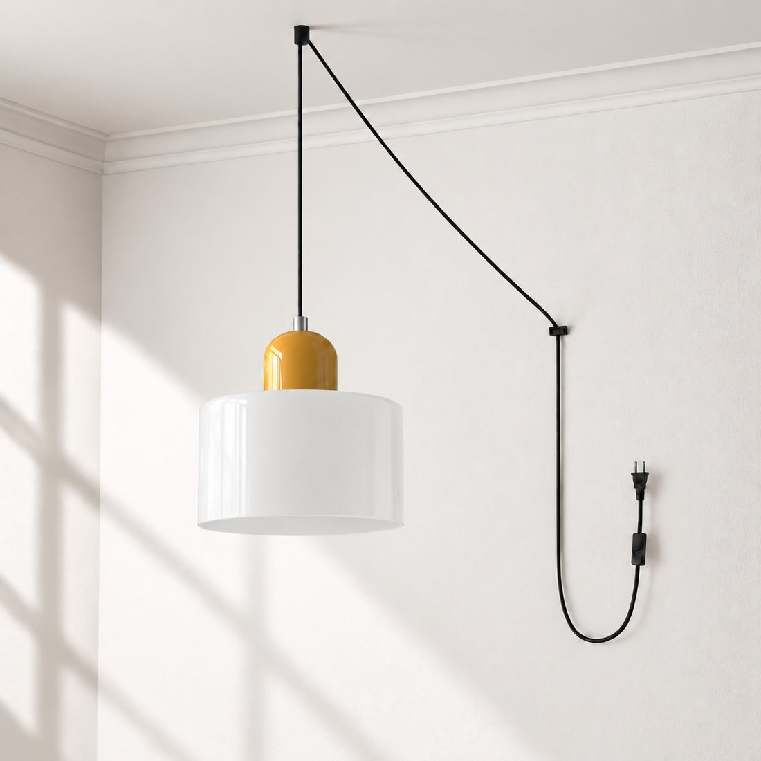 Mid-Century-Makronen-Pendelleuchte mit Stecker und Zugkabel - Bunter Lampenschirm als Hängelampe für die Wohnraumdekoration
