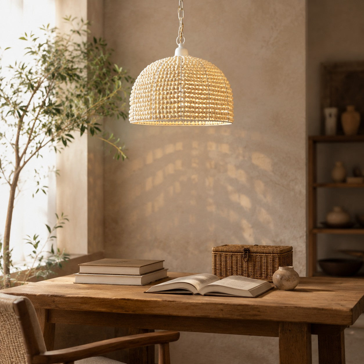 Natural Wood Bead Pendant Light with Wabi-Sabi Dome Shade