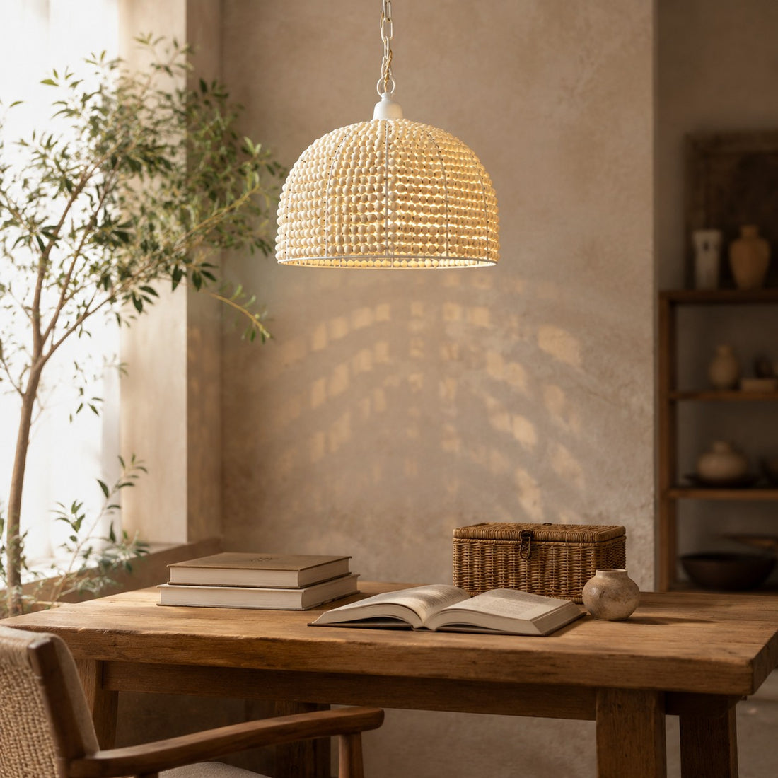 Natural Wood Bead Pendant Light with Wabi-Sabi Dome Shade