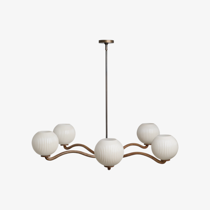 Shella Contemporary Five‑Globe Chandelier – Wood Metal Glass Pendant Lighting for Bedroom or Dining