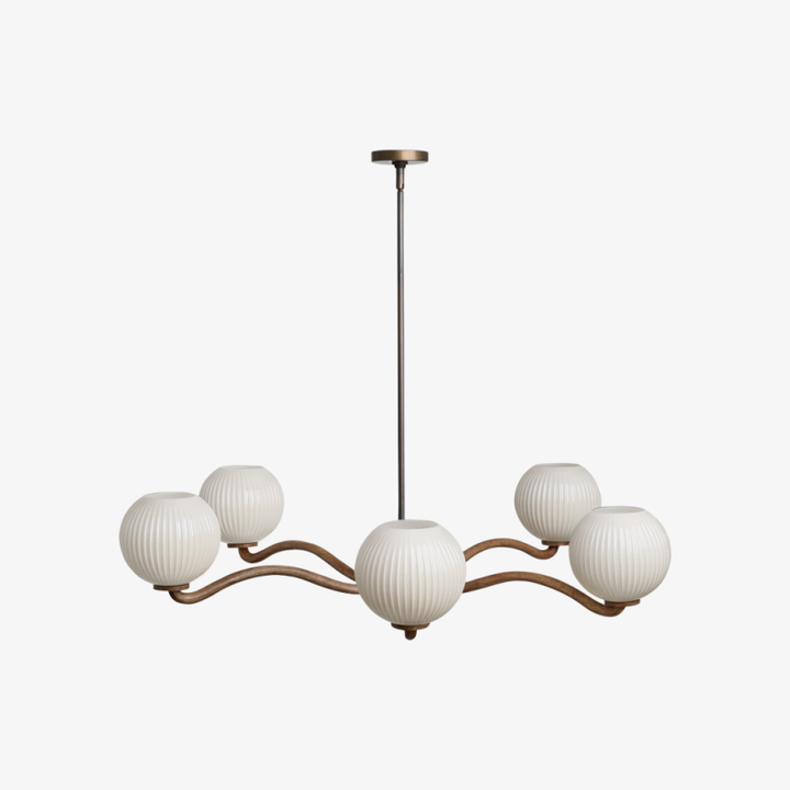 Shella Contemporary Five‑Globe Chandelier – Wood Metal Glass Pendant Lighting for Bedroom or Dining