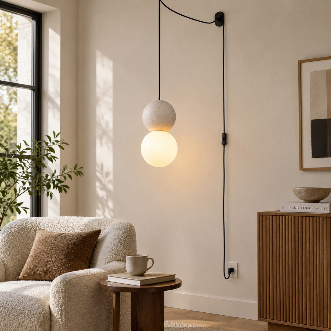 Textured Stone And Glass Plug-In Swag Pendant