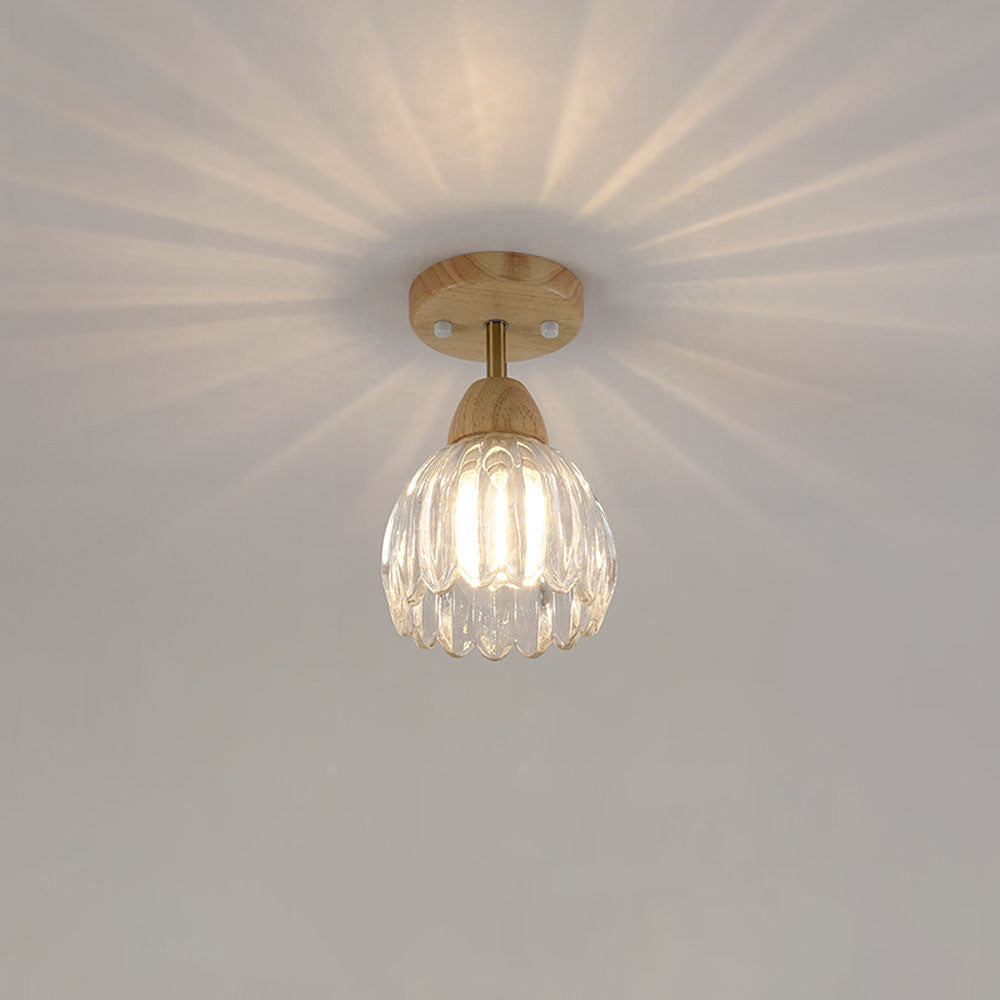 Clear Glass Ceiling Light - Minimalist Flower Wood Fixture for Hallway