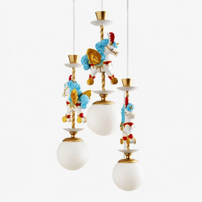 Three light unicorn chandelier with colorful horse figures