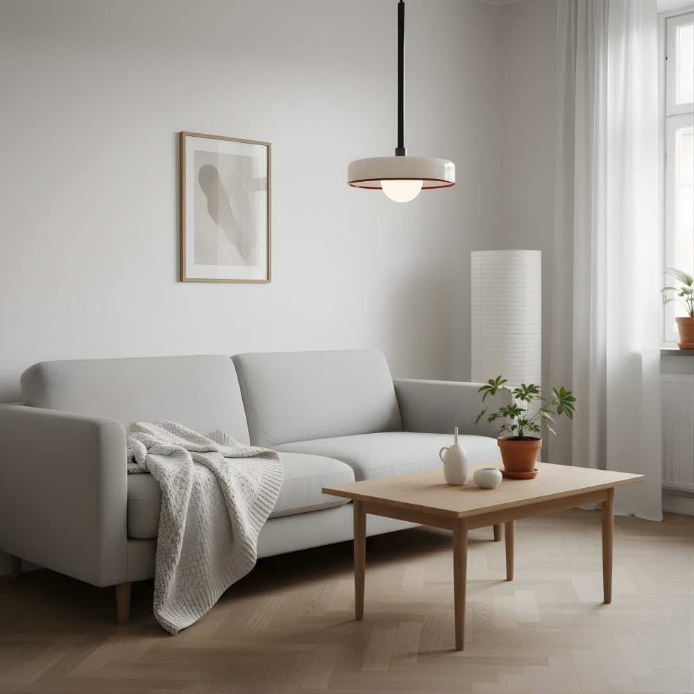 Kalo Modern Pendant Light - Sleek Metal Rod and Disc Orb Glass Design