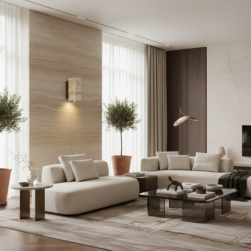 Slivara-Wandleuchte mit Naturstein-Rückplatte und warmem bernsteinfarbenem Schirm – Vintage-moderne Slivara-Wandleuchte für das Wohnzimmer
