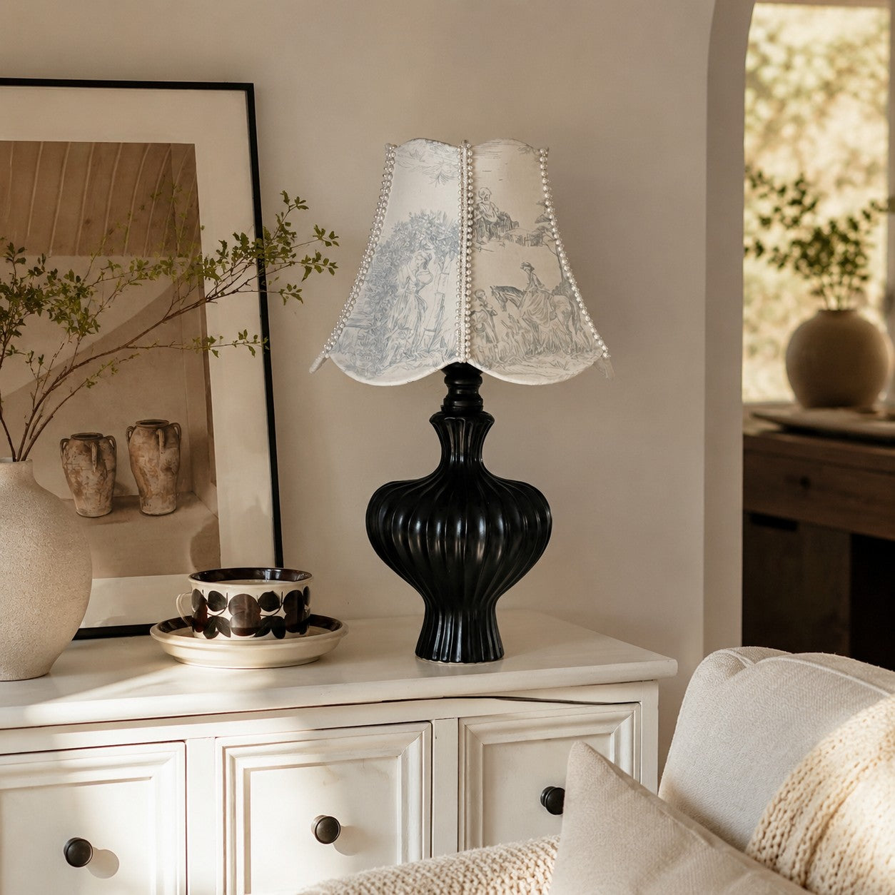 French Vintage Printed Shade Table Lamp