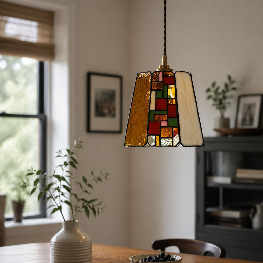 Vintage Rose Stained Glass Pendant Light