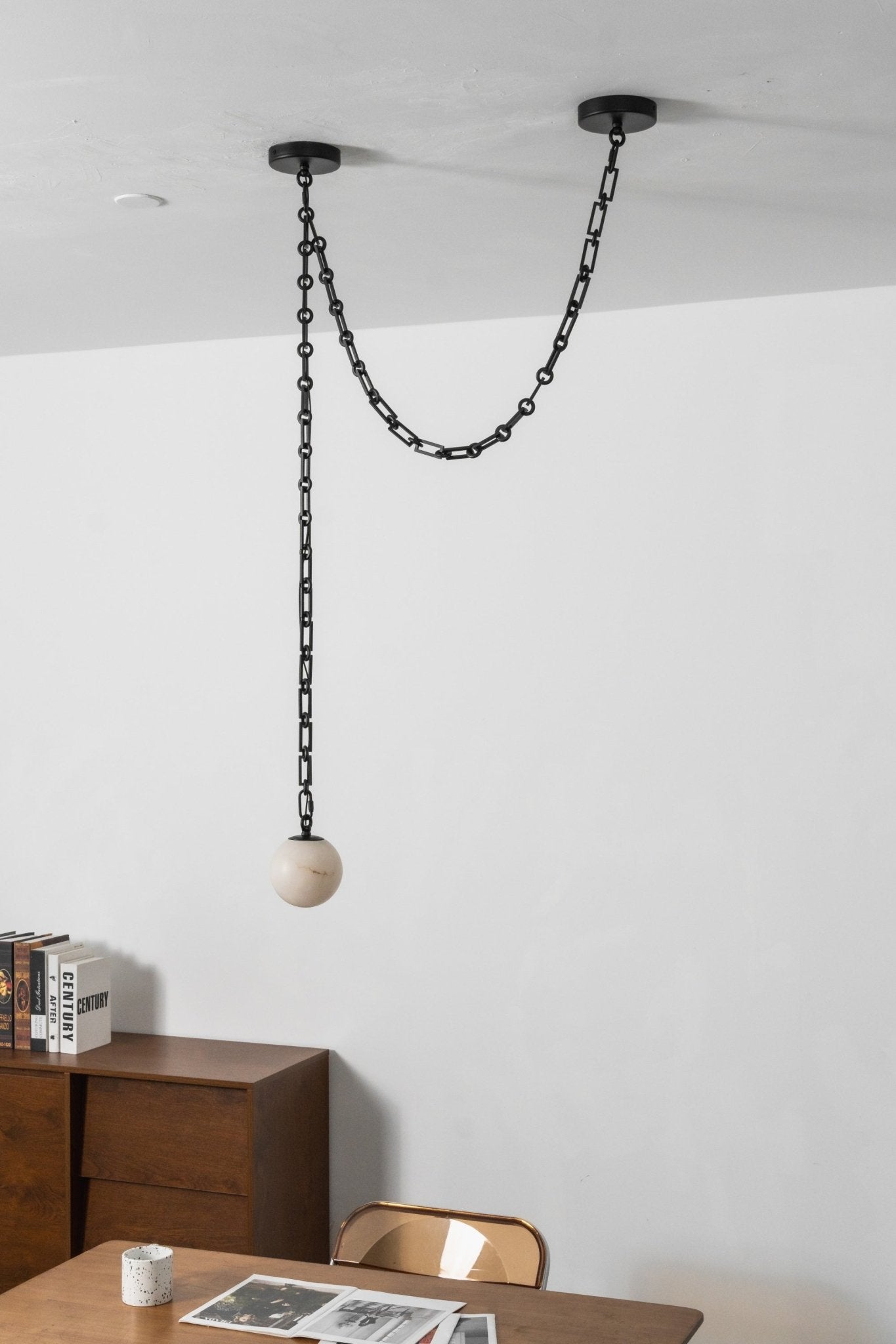 Black Metal Alabaster Globe Hardwired Chandelier