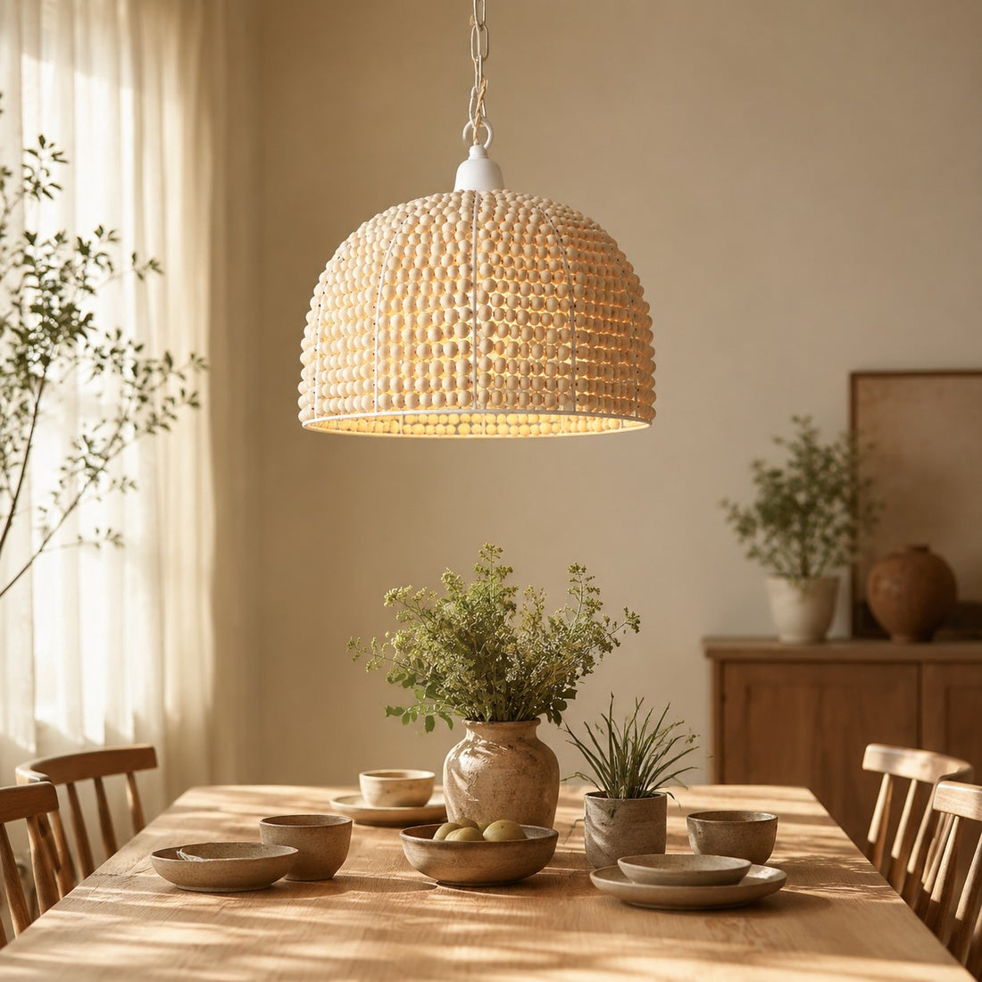 Natural Wood Bead Pendant Light with Wabi-Sabi Dome Shade