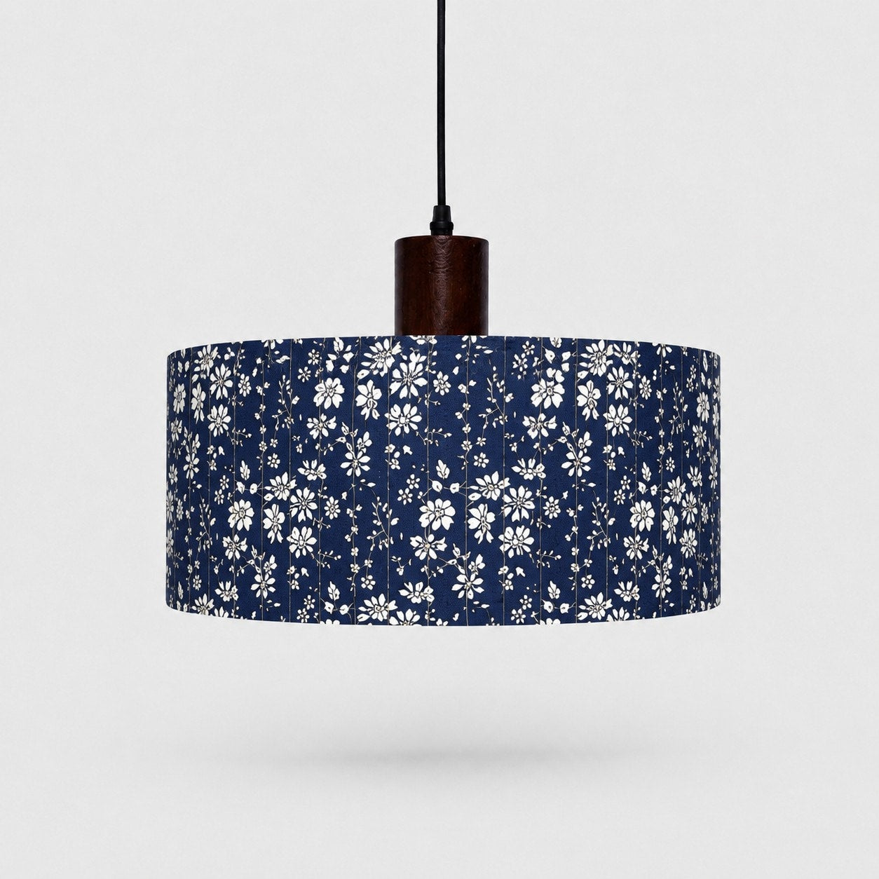 Blue floral patterned fabric drum pendant light, 35 cm shade