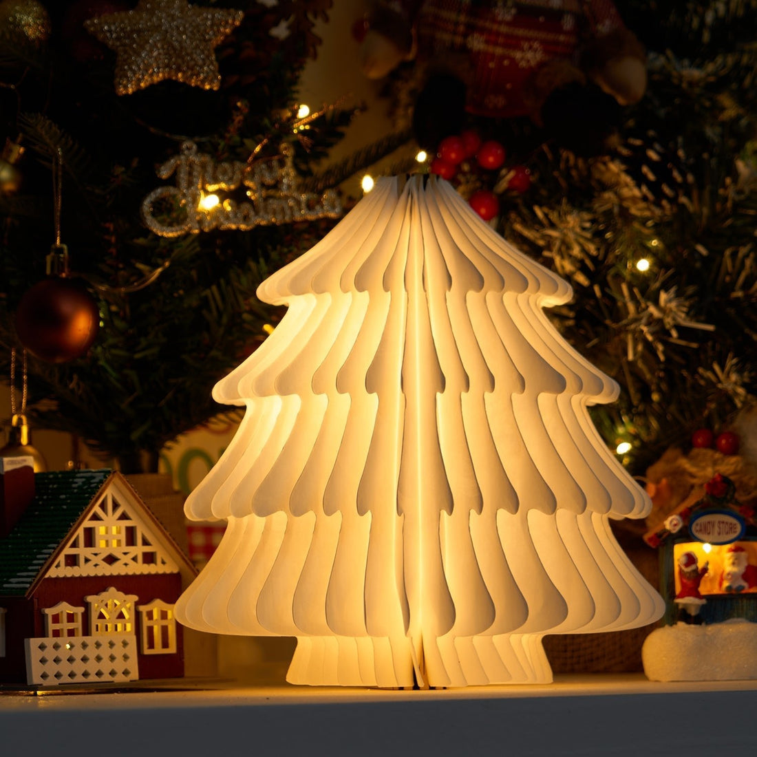 Faltbare Weihnachtsbaum-Tischlampe – LED-Licht aus Holz für das Wohnzimmer