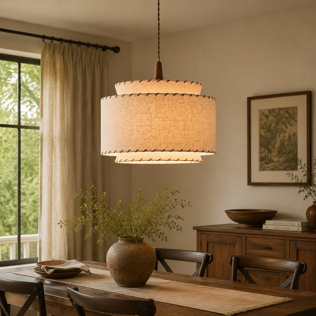 Hand-Stitched Linen Pendant Light