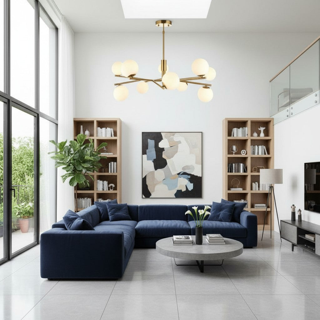 Tivara Mid-Century Modern 10-Light Pendant – Chandelier with Globe Shades for High Ceilings