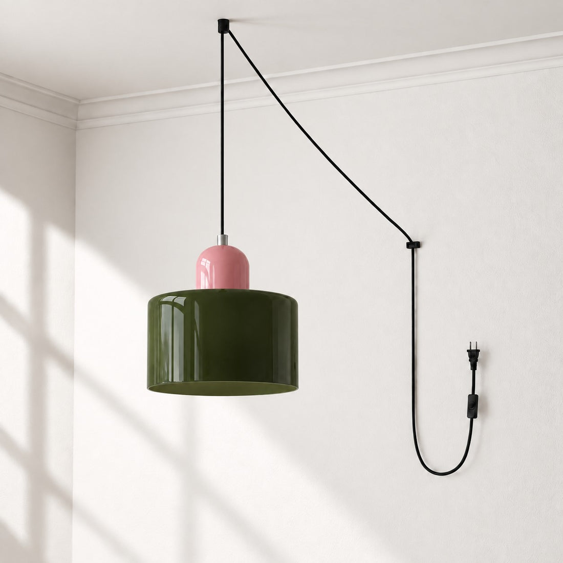 Mid-Century-Makronen-Pendelleuchte mit Stecker und Zugkabel - Bunter Lampenschirm als Hängelampe für die Wohnraumdekoration