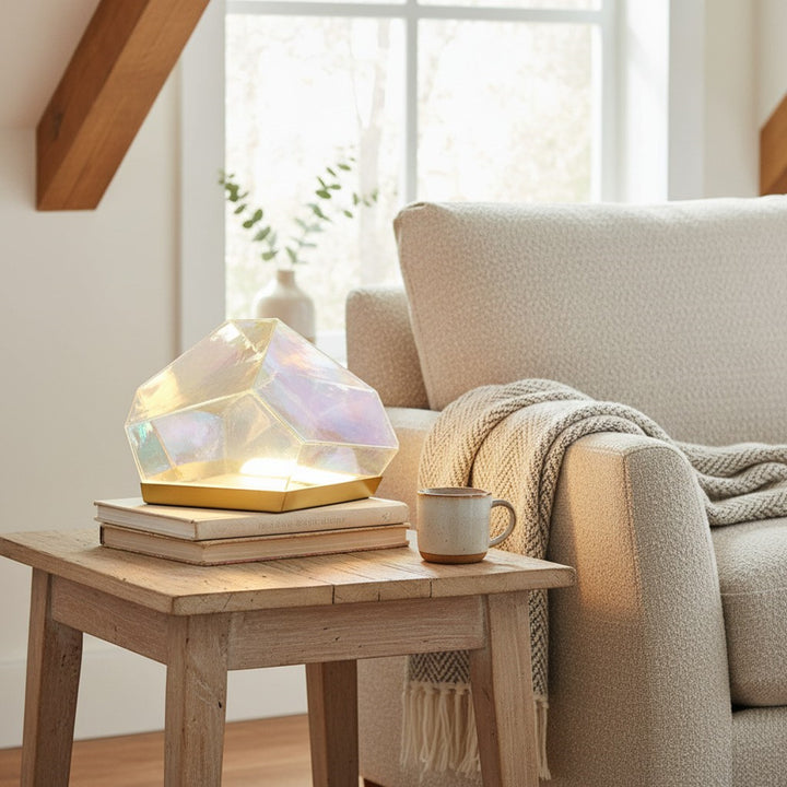 Nera Glass Gem Table Lamp - Iridescent Glass Shade with Antique Brass Base for Living Room Accent