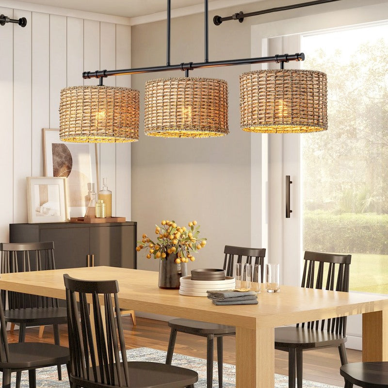 3 Light Handwoven Drum Farmhouse Pendant Light