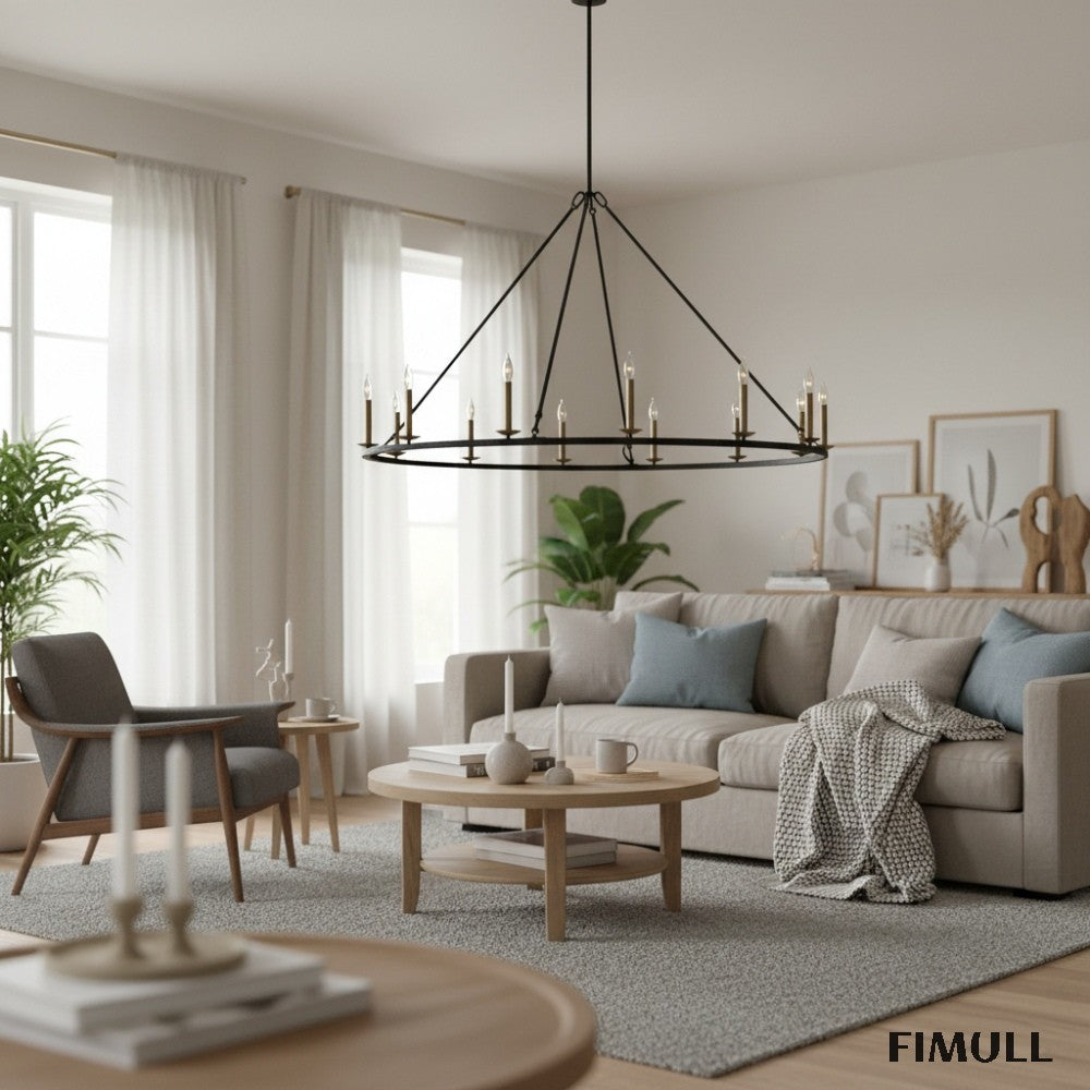 Rowan Rustic Iron Chandelier - Round Wagon Wheel Lamp for Living Room