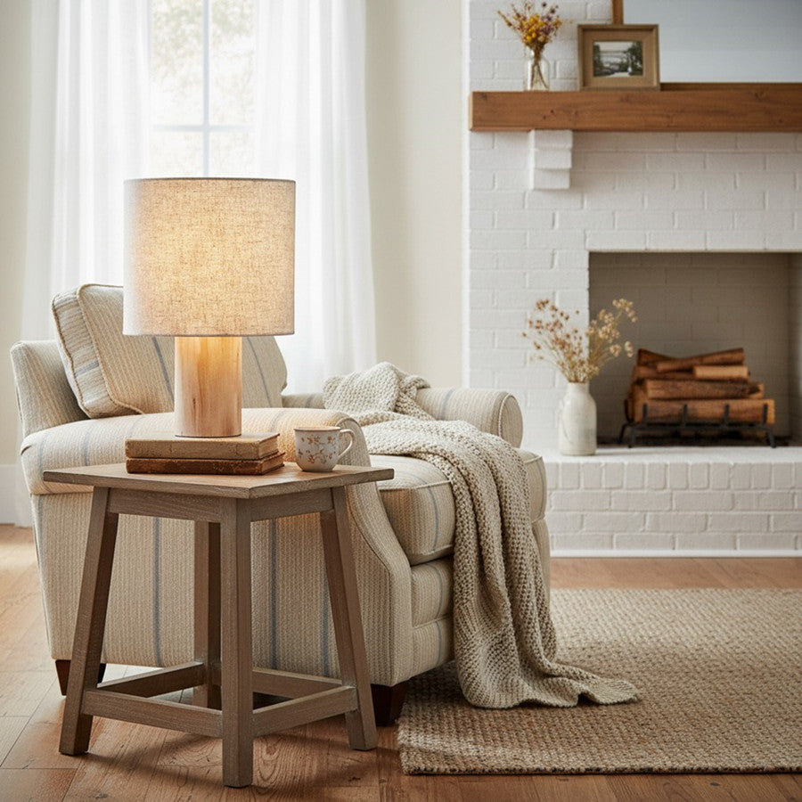 Linemora Simple Wooden Base Table Lamp - Natural Linen Cylindrical Shade for Living Rooms and Bedrooms