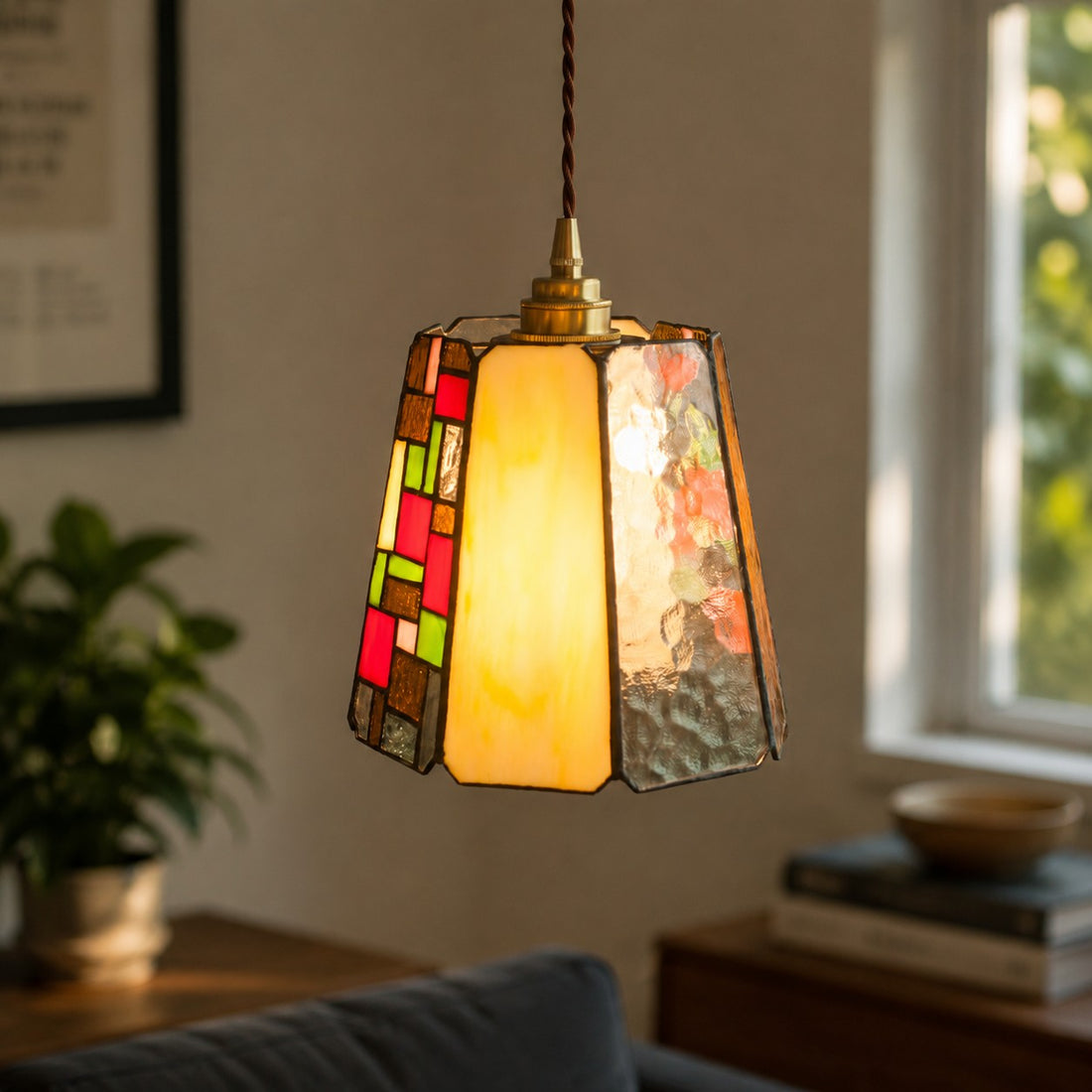 Vintage Rose Stained Glass Pendant Light