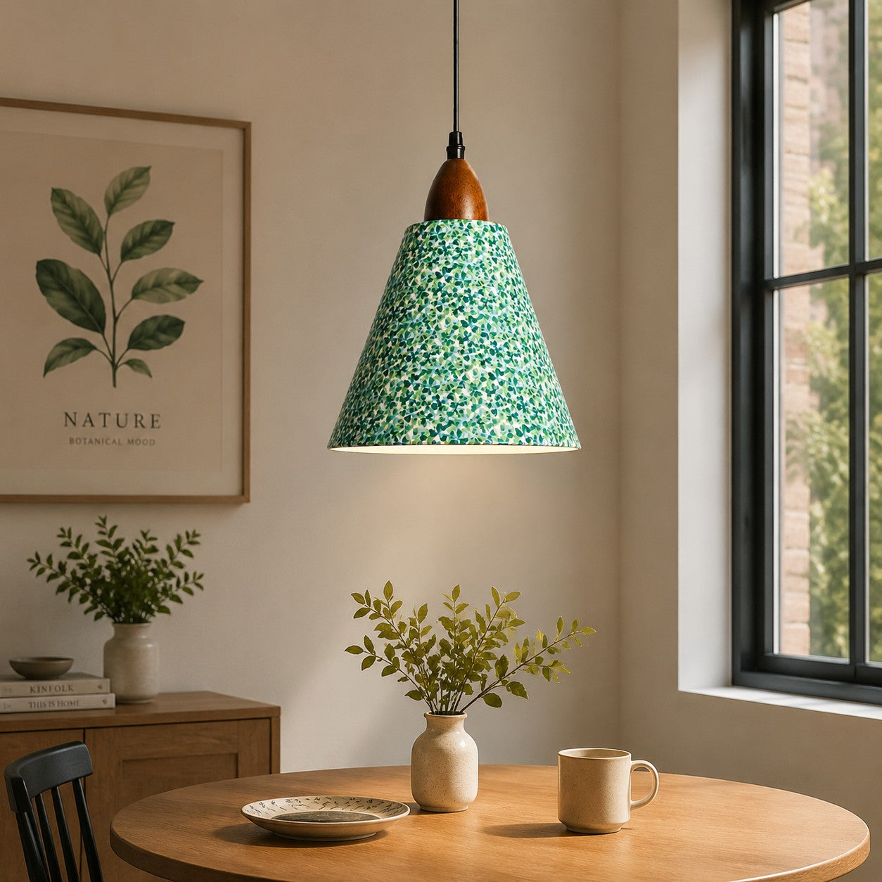Clover floral pendant above round wood dining table by black framed window